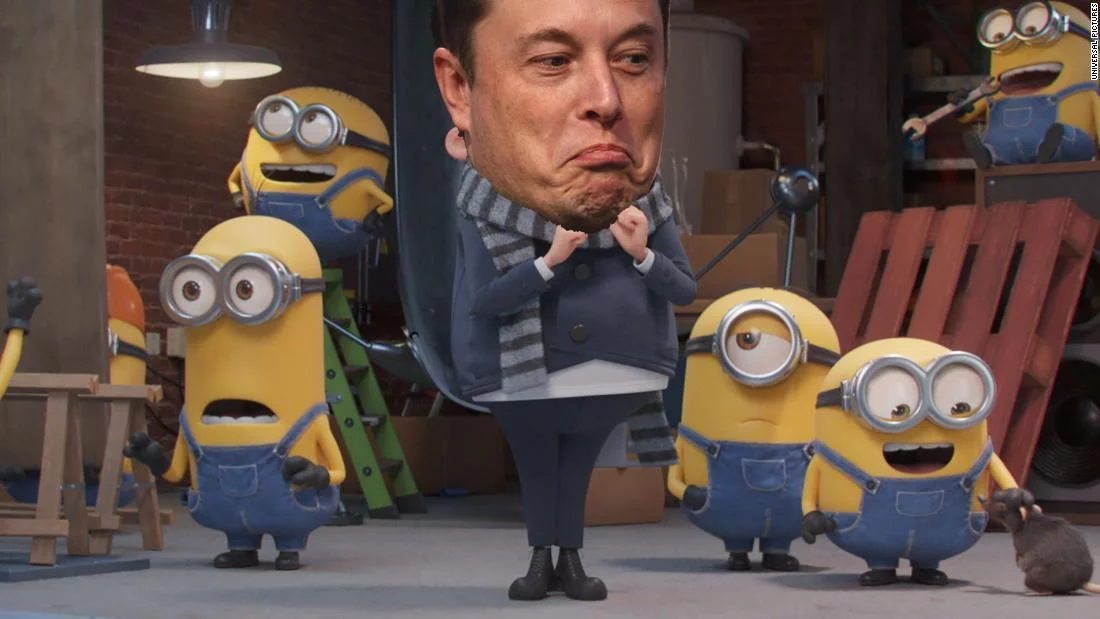Elon Musk as Gru, surrounded by Minions